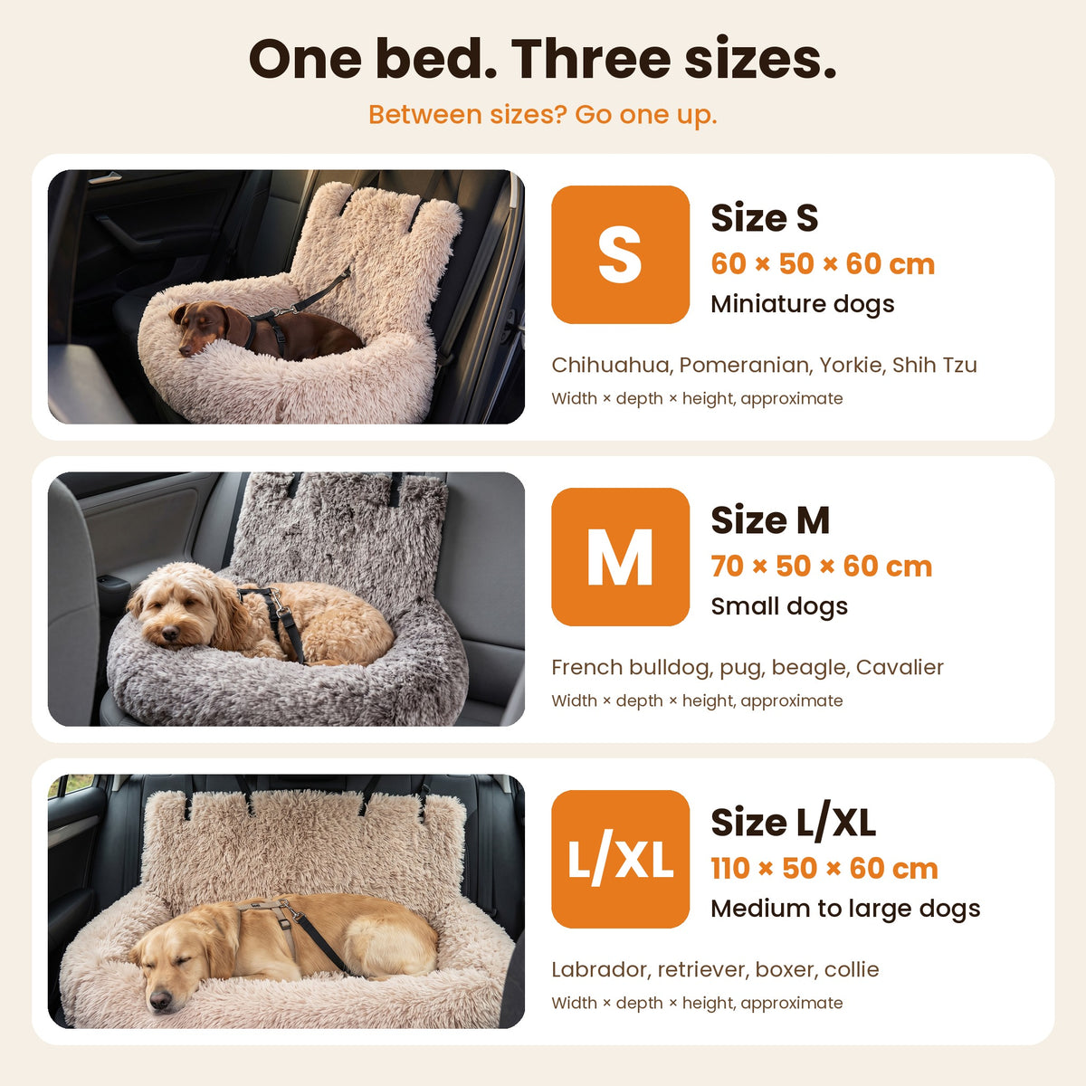 One bed, three sizes: S for miniature dogs, M for small dogs, L/XL for medium to large dogs