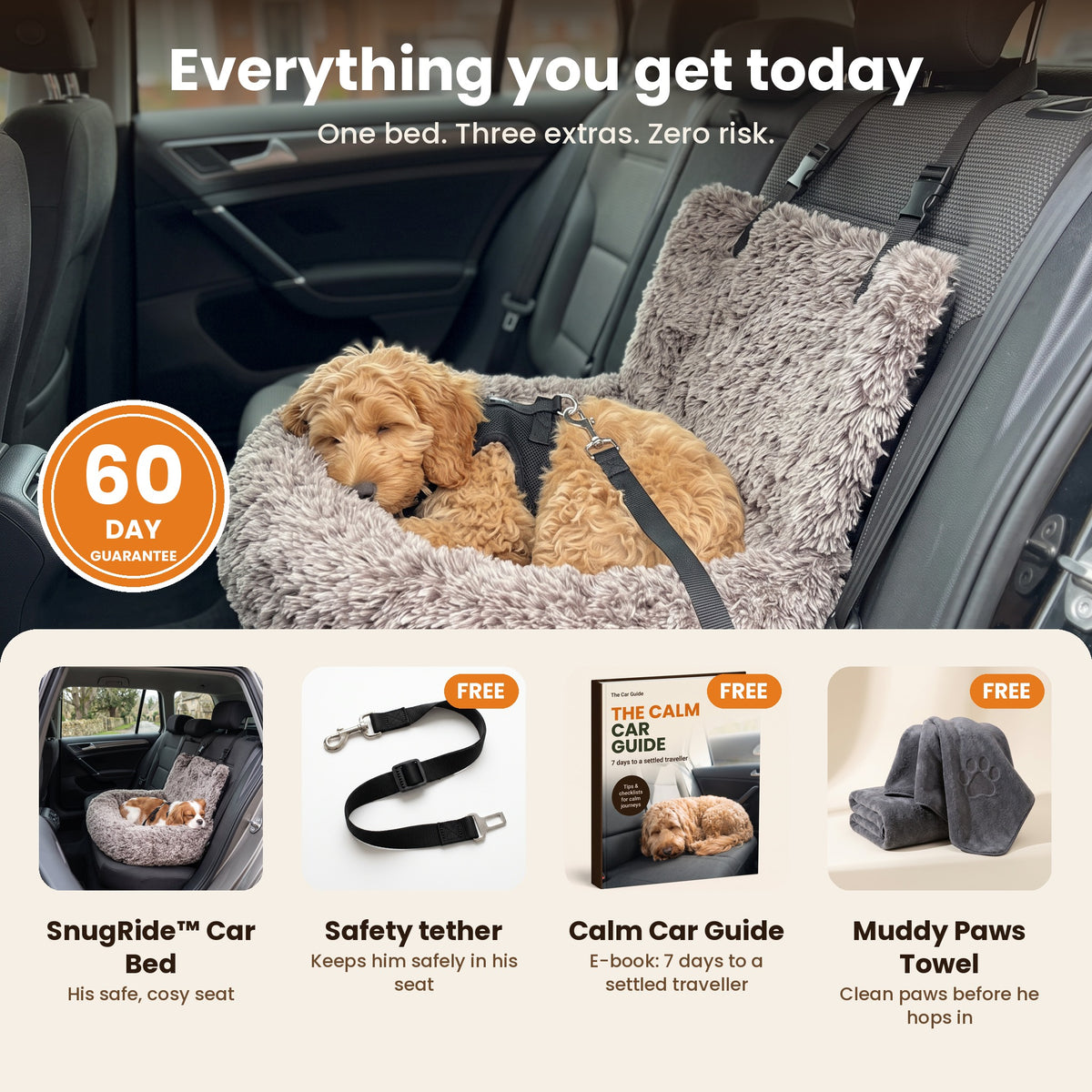 Everything you get today: SnugRide car bed with free safety tether, free Calm Car Guide and free Muddy Paws Towel, 60-day guarantee