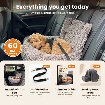 Everything you get today: SnugRide car bed with free safety tether, free Calm Car Guide and free Muddy Paws Towel, 60-day guarantee