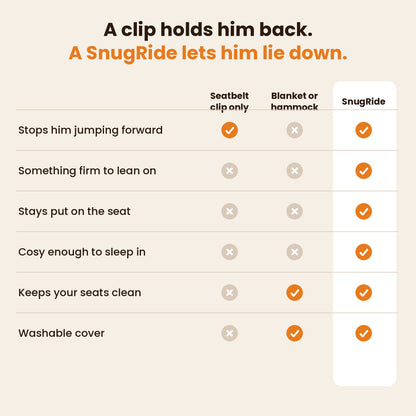 SnugRide compared with a seatbelt clip and a blanket