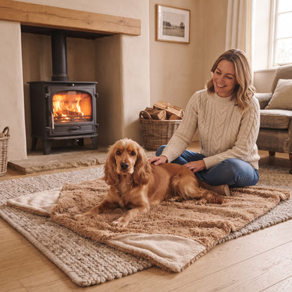 Cocker spaniel on the Cosy Blanket in Camel by the fire