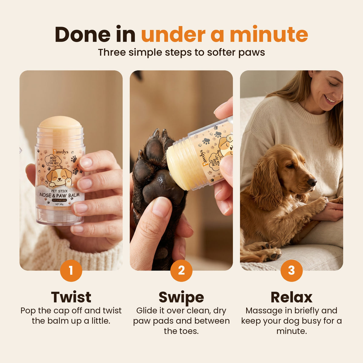 How to use the paw balm stick in three steps
