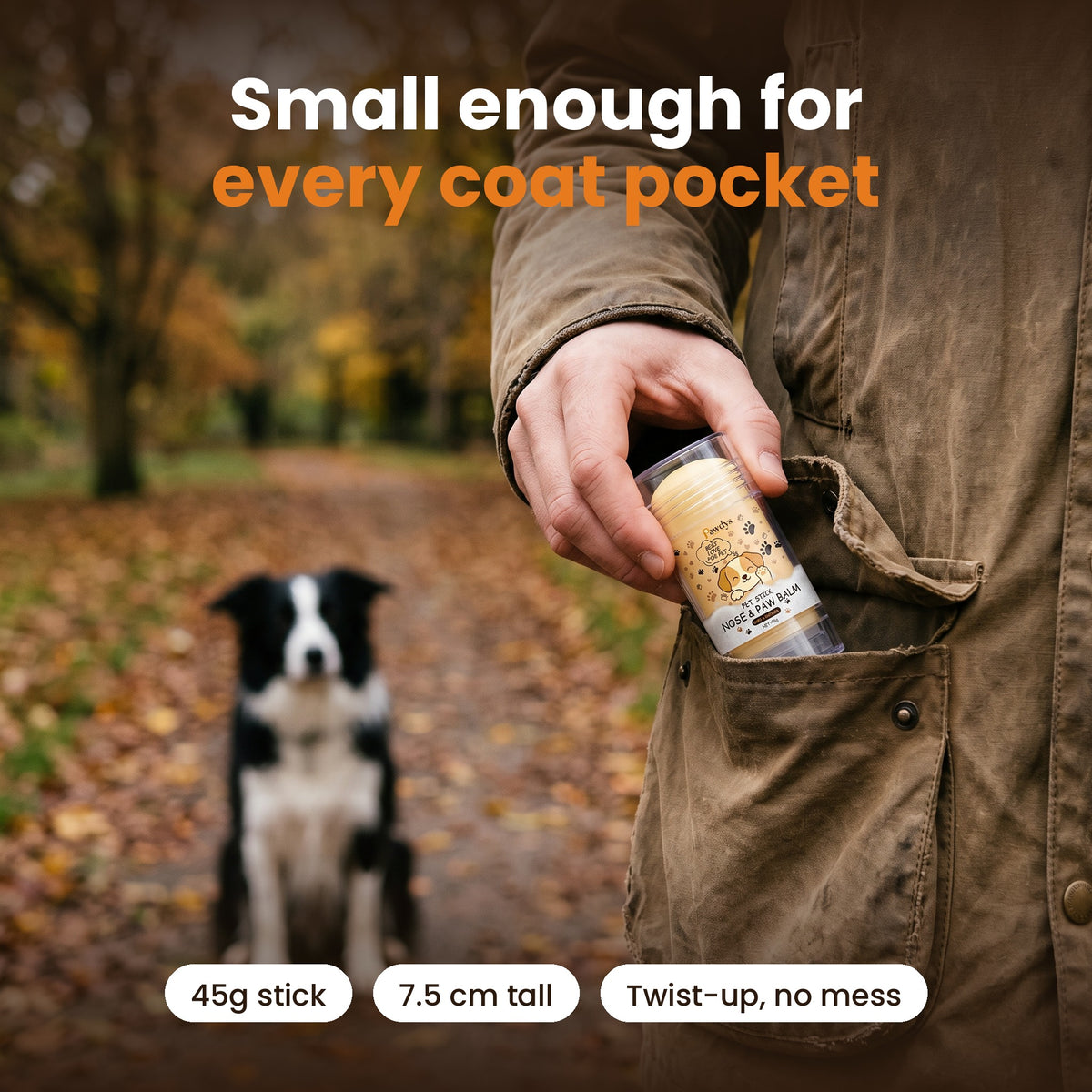 Pocket-sized 45g paw balm stick on a walk