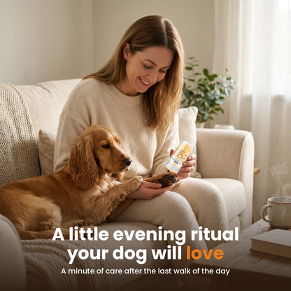 Evening paw care routine on the sofa with a cocker spaniel