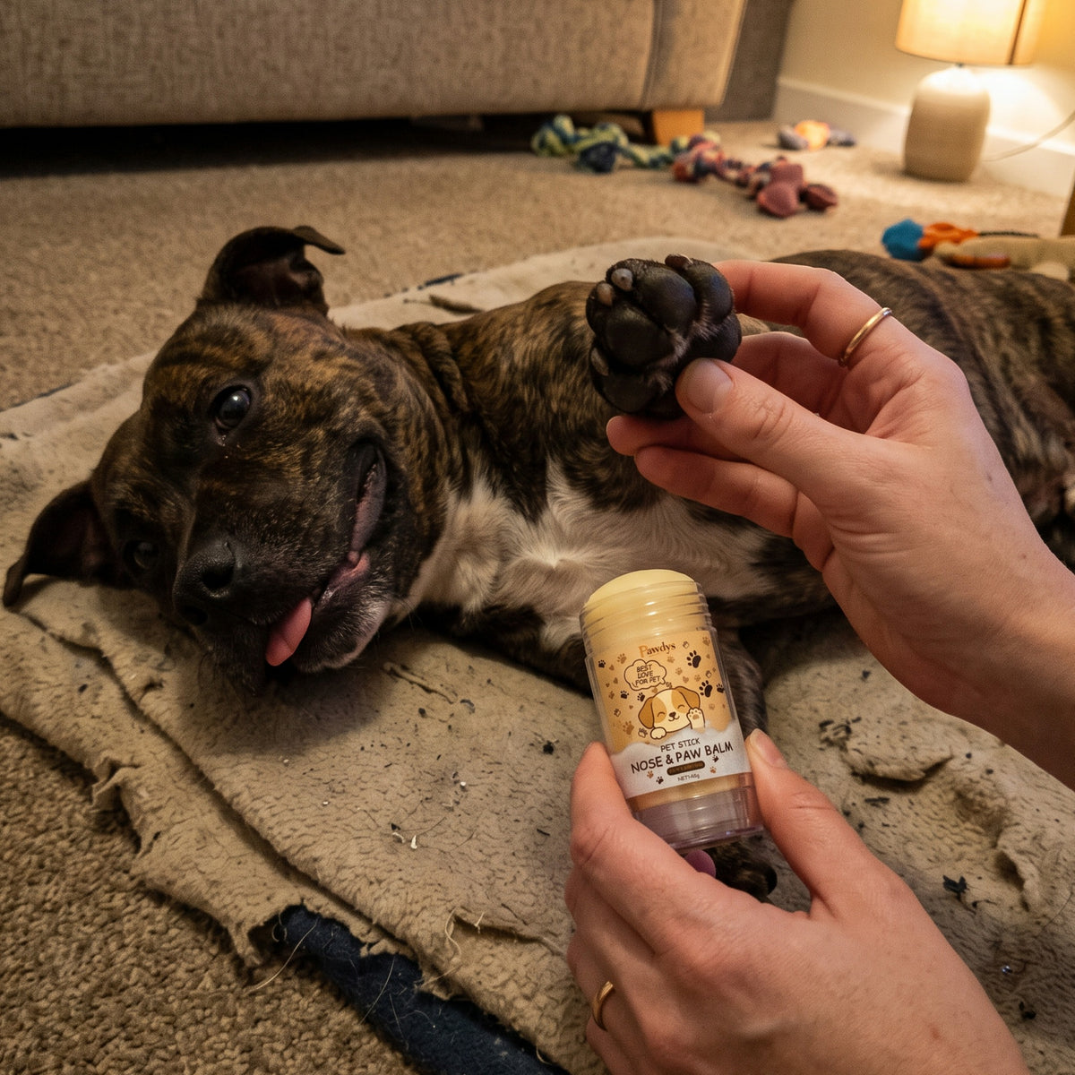 Applying paw balm to a Staffie at home