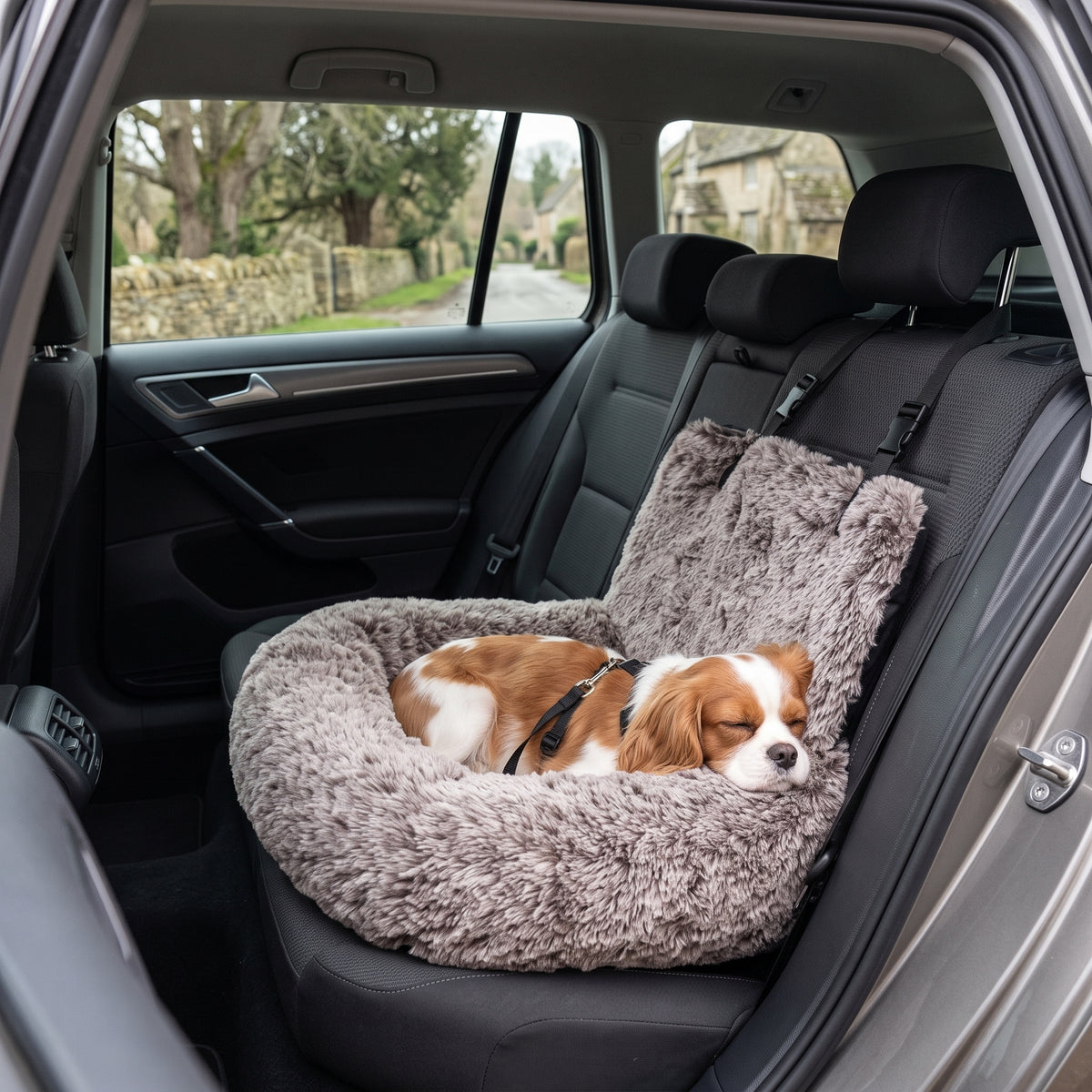 SnugRide Car Bed in Coffee with a sleeping spaniel on the back seat