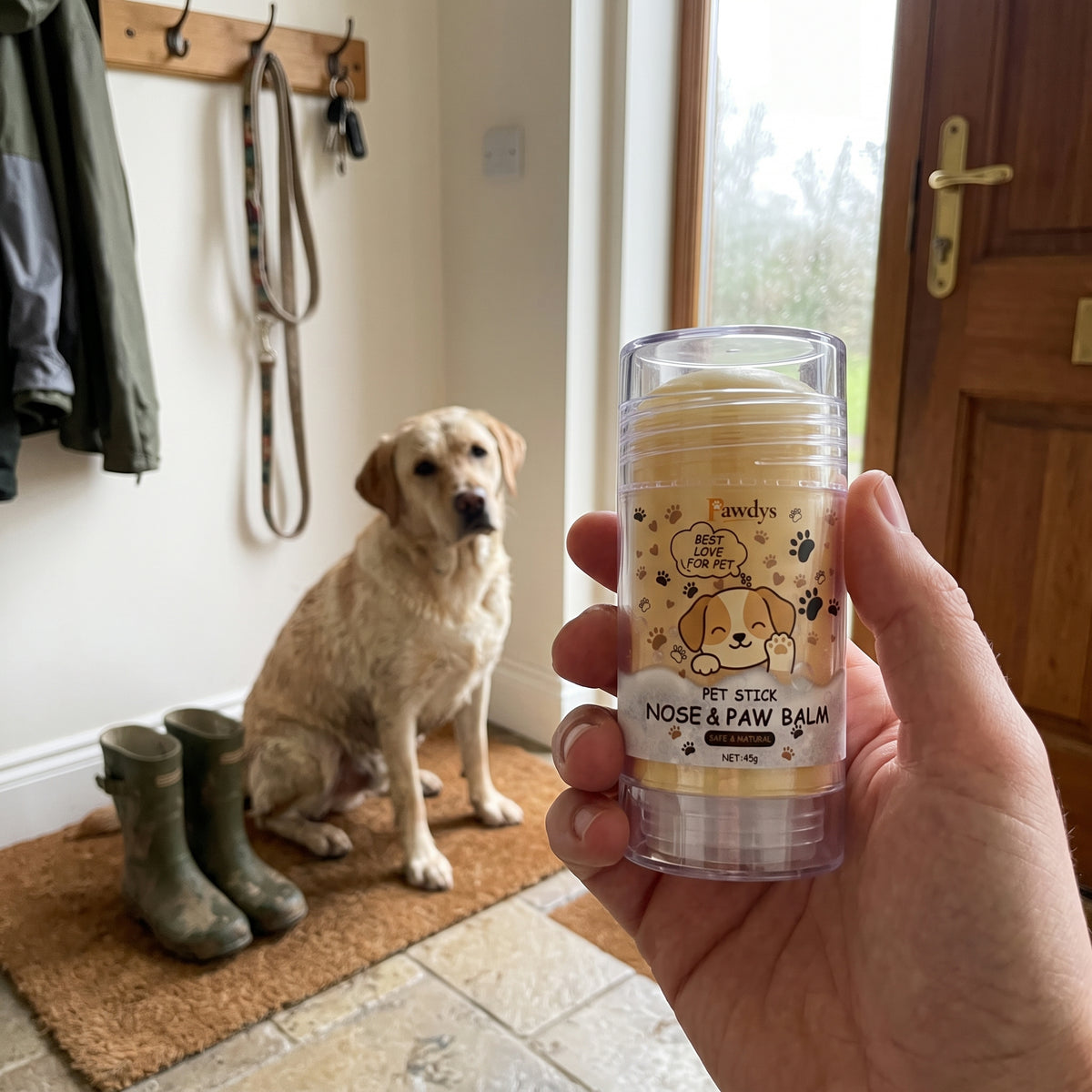 Paw balm stick by the front door after a walk