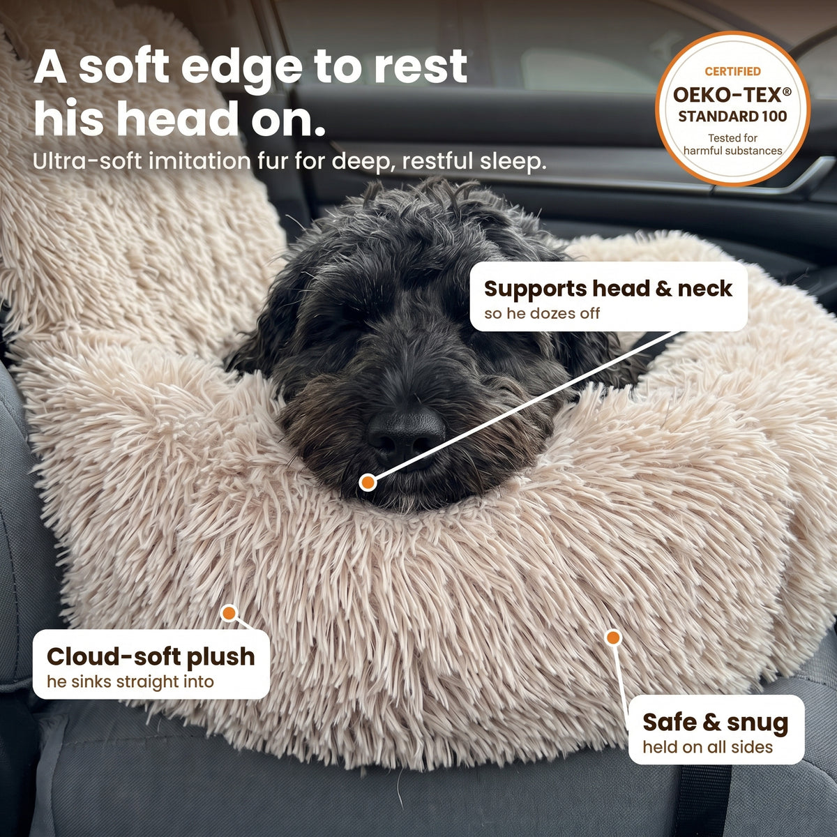 A soft edge to rest his head on – ultra-soft imitation fur for deep, restful sleep, OEKO-TEX Standard 100