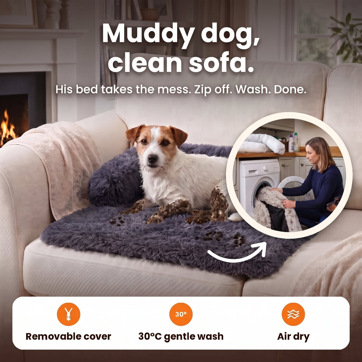 Muddy dog, clean sofa – his bed takes the mess: removable cover, 30°C gentle wash, air dry