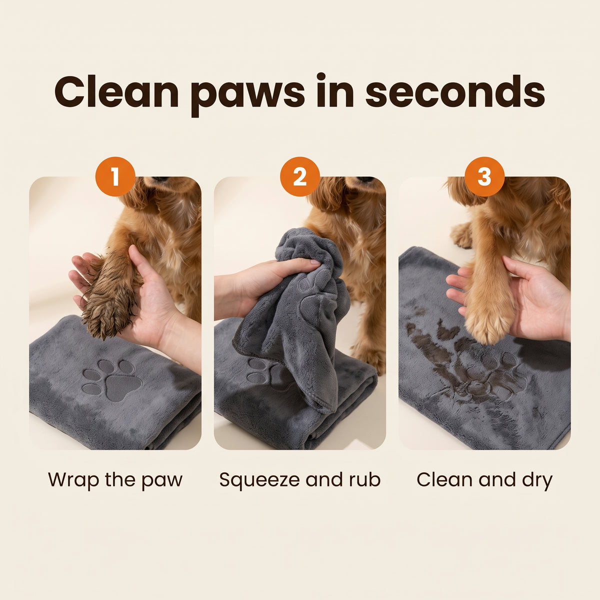 Clean paws in seconds – wrap the paw, squeeze and rub, clean and dry