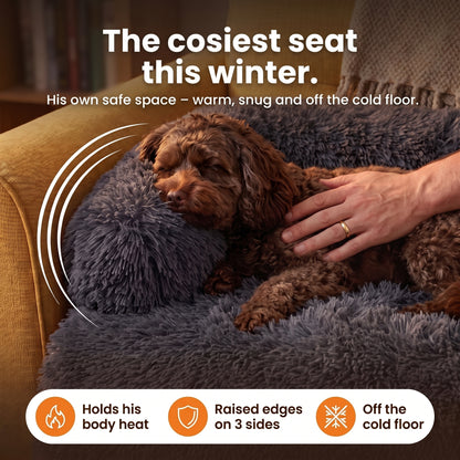 The cosiest seat this winter – his own safe space: holds his body heat, raised edges on 3 sides, off the cold floor