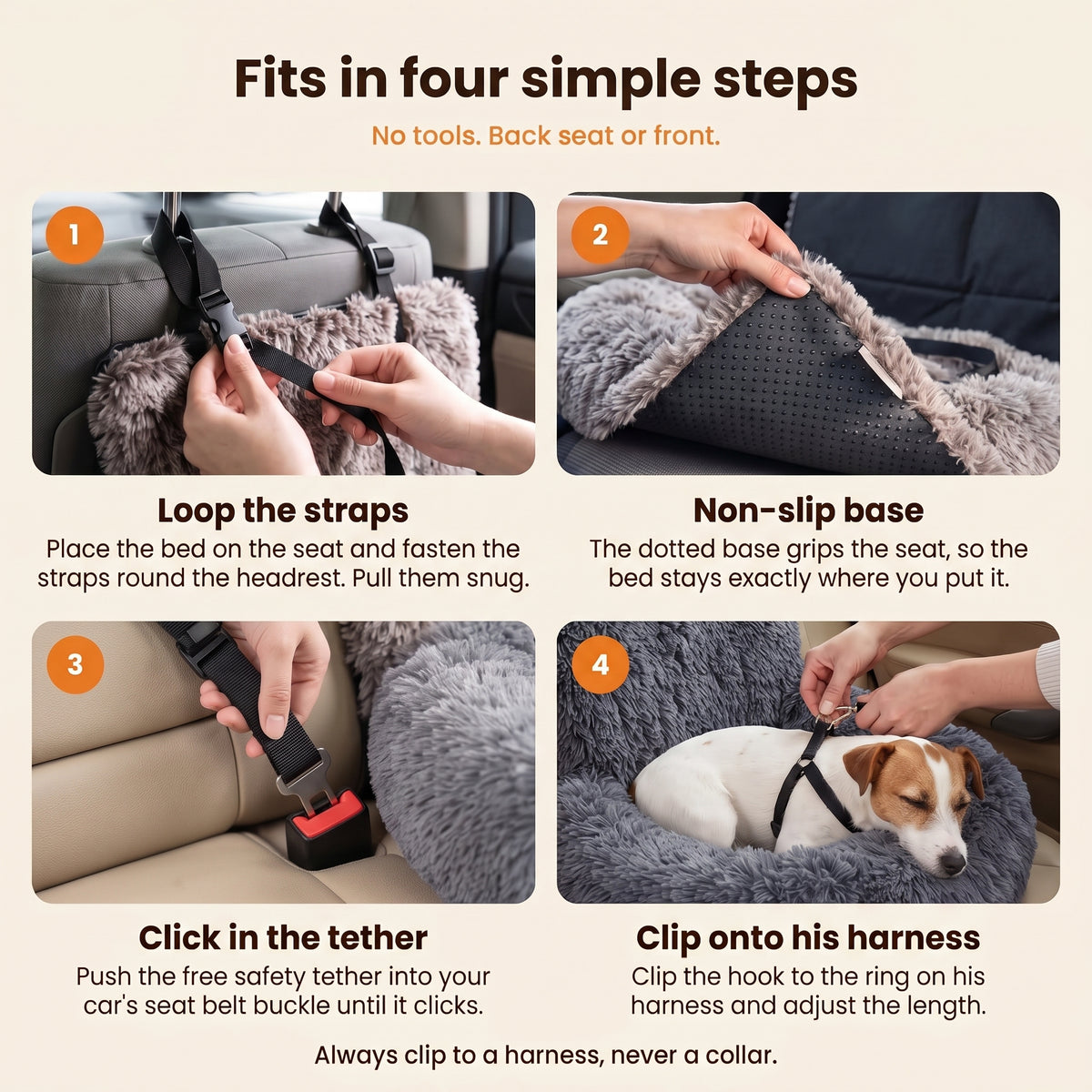 Fits in four simple steps: loop the straps, non-slip base, click in the tether, clip onto his harness
