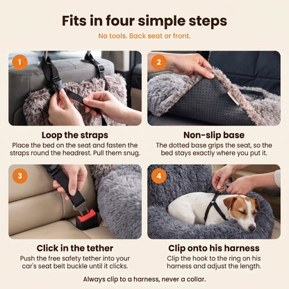 Fits in four simple steps: loop the straps, non-slip base, click in the tether, clip onto his harness