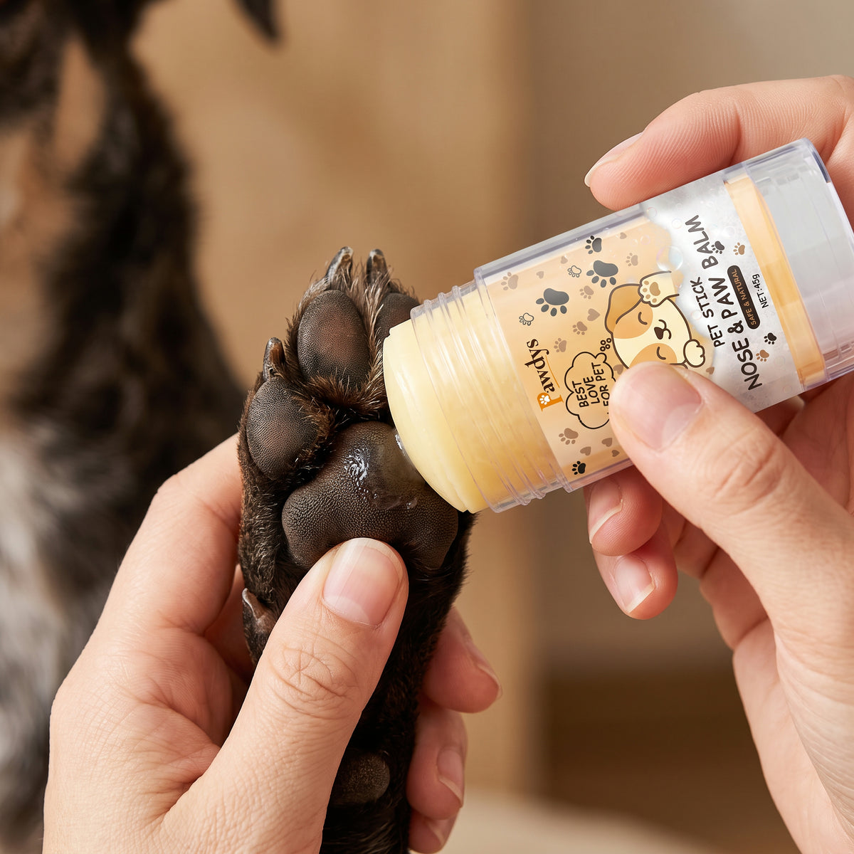 Applying the balm stick directly to a dog's paw pad