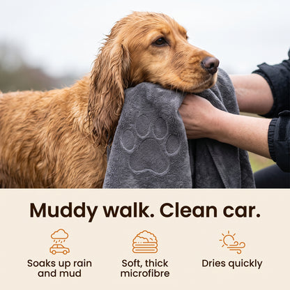 Muddy walk, clean car – soaks up rain and mud, soft thick microfibre, dries quickly