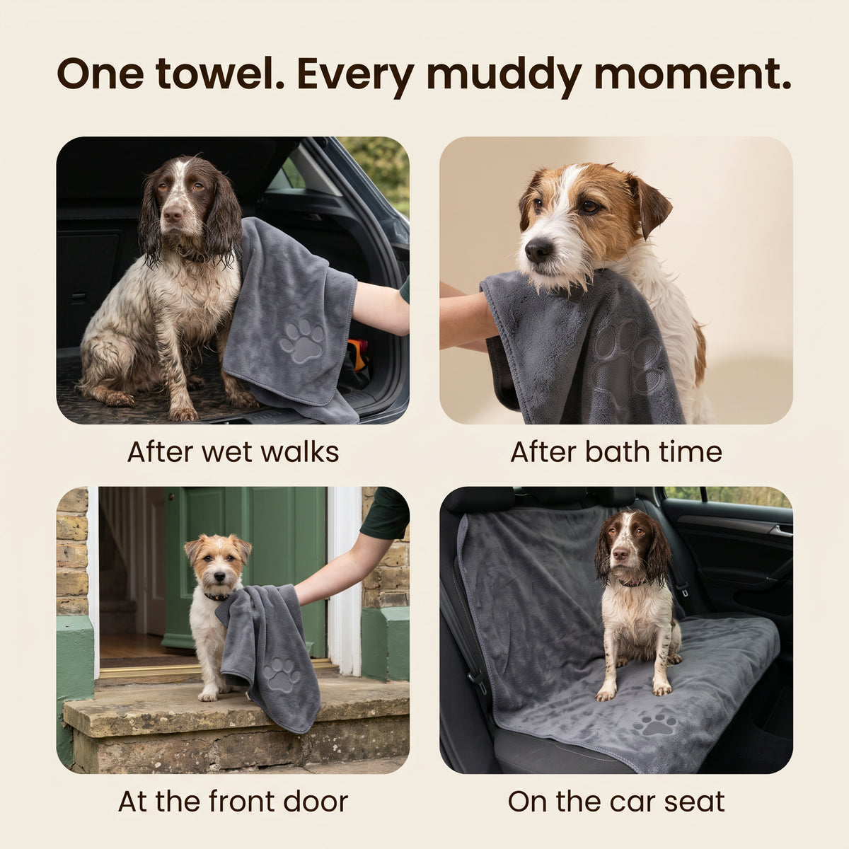 One towel, every muddy moment – after wet walks, after bath time, at the front door, on the car seat