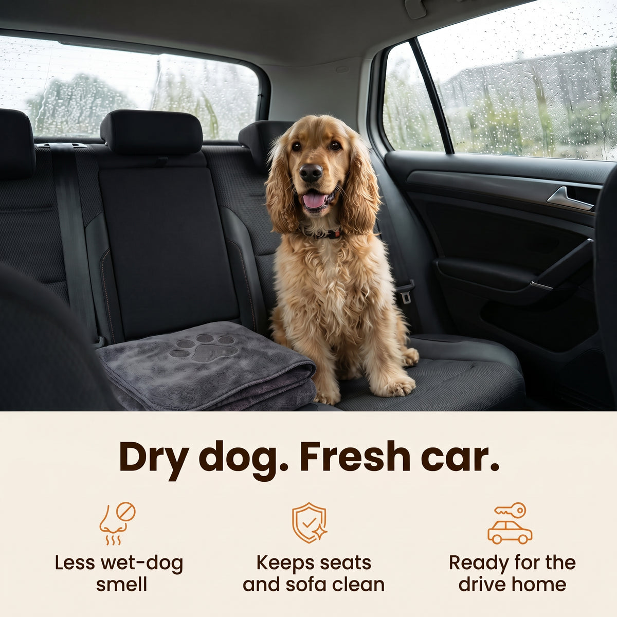 Dry dog, fresh car – less wet-dog smell, keeps seats and sofa clean, ready for the drive home