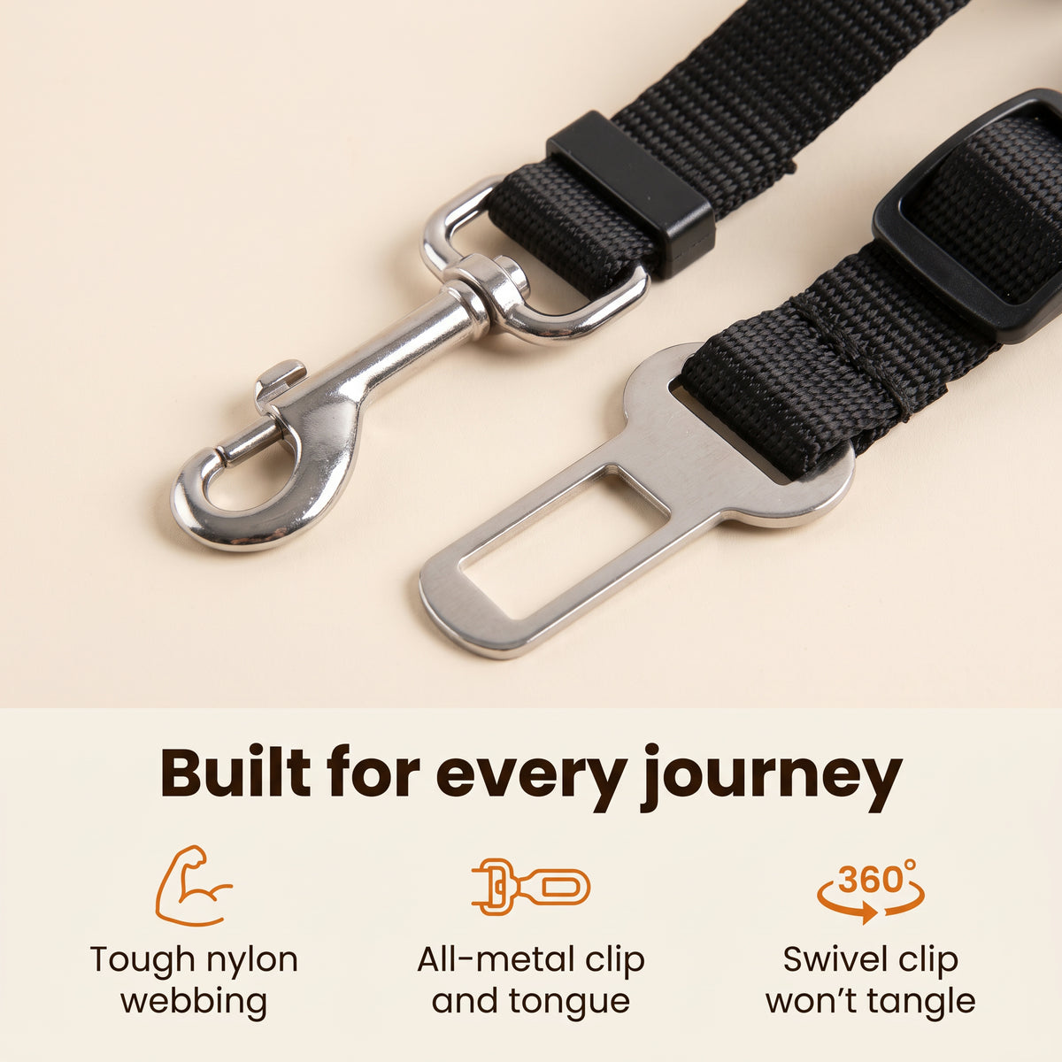 Built for every journey – tough nylon webbing, all-metal clip and tongue, swivel clip won't tangle