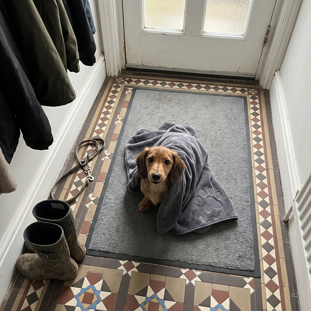 Small dog wrapped in the Muddy Paws Towel in the hallway