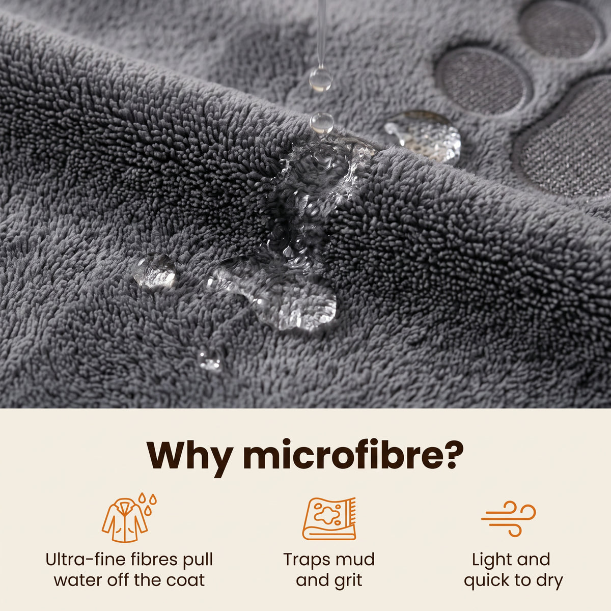 Why microfibre? Ultra-fine fibres pull water off the coat, traps mud and grit, light and quick to dry