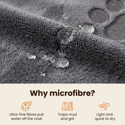 Why microfibre? Ultra-fine fibres pull water off the coat, traps mud and grit, light and quick to dry