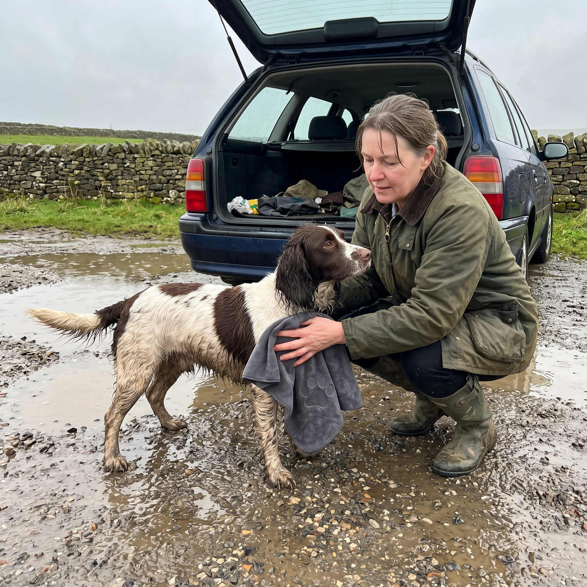 Drying a muddy spaniel with the Muddy Paws Towel after a wet walk