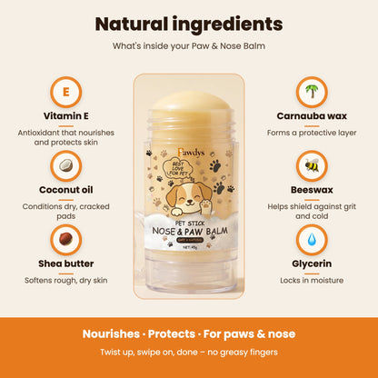 Natural ingredients in the Pawdys Paw & Nose Balm Stick: vitamin E, coconut oil, shea butter, carnauba wax, beeswax, glycerin