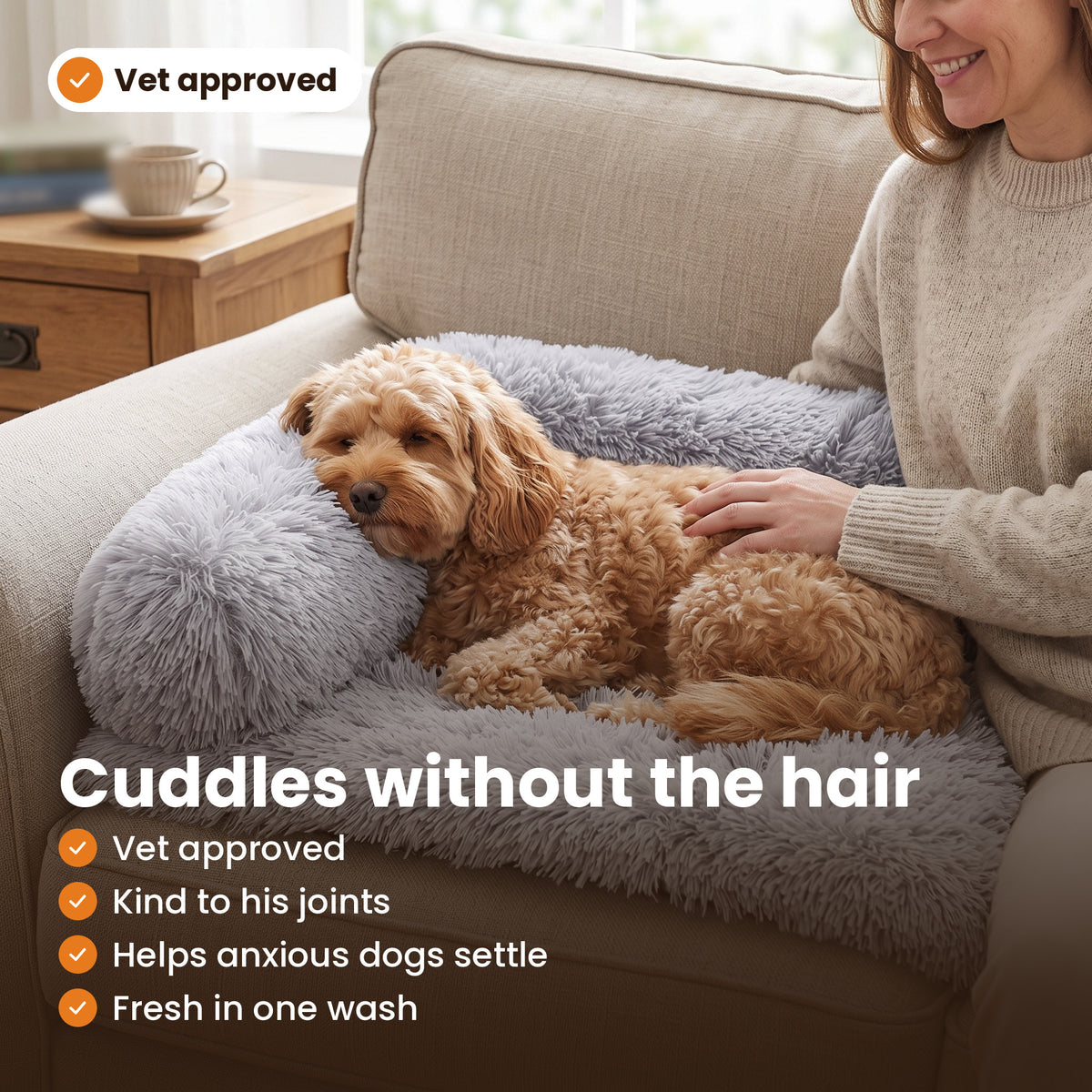 Four benefits of the Pawdys Luxury Sofa Bed: vet approved, kind to joints, calming, washable