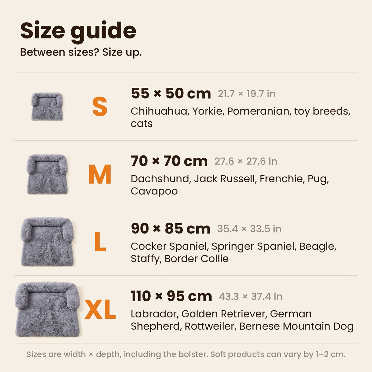 Pawdys Luxury Sofa Bed size chart: S, M, L and XL in cm and inches