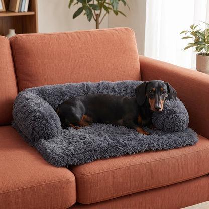 Pawdys Luxury Sofa Bed in Dark Grey with a Dachshund on a terracotta sofa