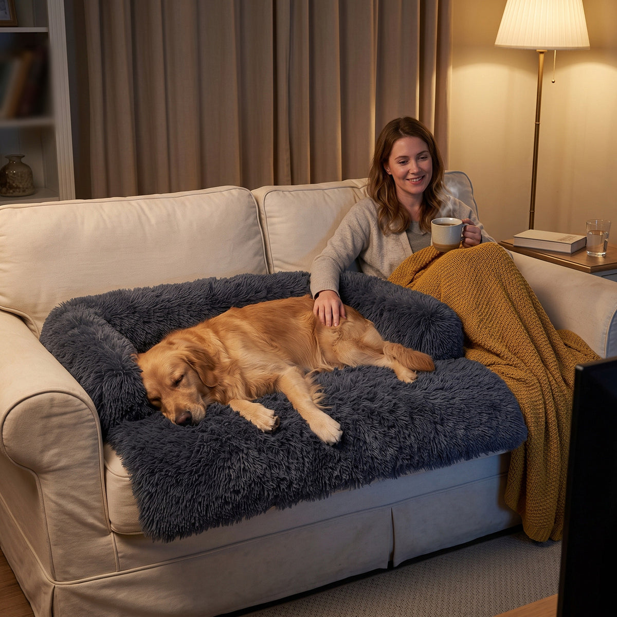 Evening on the sofa with a Golden Retriever asleep on his Pawdys bed