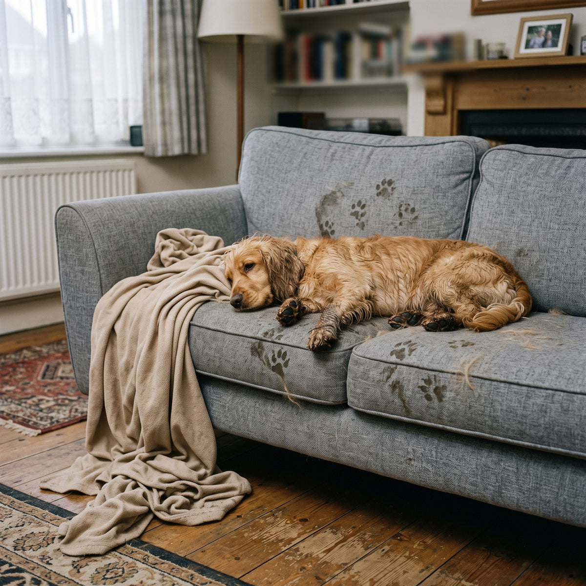 Dog lying across sofa cushions with a throw that has slipped off