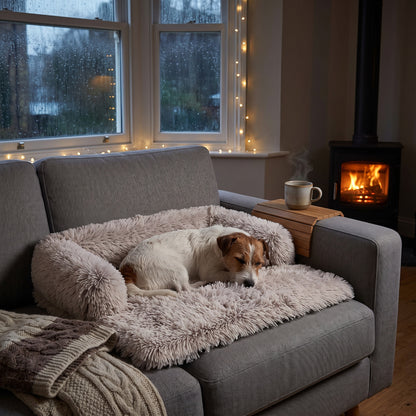 Jack Russell warm on the sofa bed on a rainy winter day